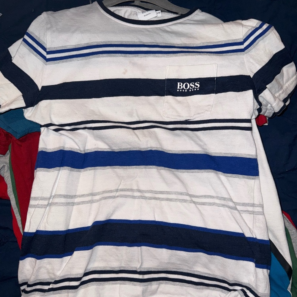 Hugo Boss Blue and White Striped Short Sleeve Tee
